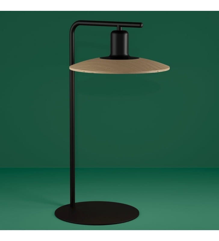 Lampa stołowa Mayazes czarna z drewnianym kloszem nowoczesna styl boho