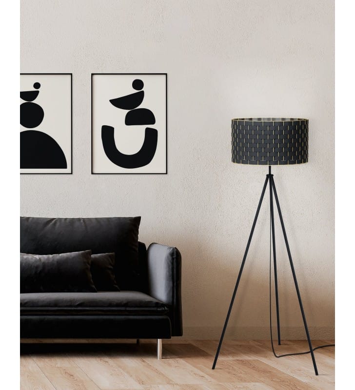 Lampa stojąca Marasales na 3 metalowych nogach abażur czarno mosiężny pleciony do salonu sypialni Eglo