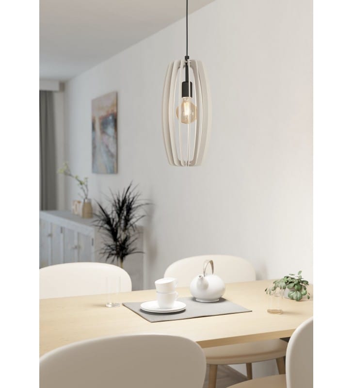 Lampa wisząca Bajazzara szara klosz z drewna czarny metal do kuchni salonu sypialni jadalni
