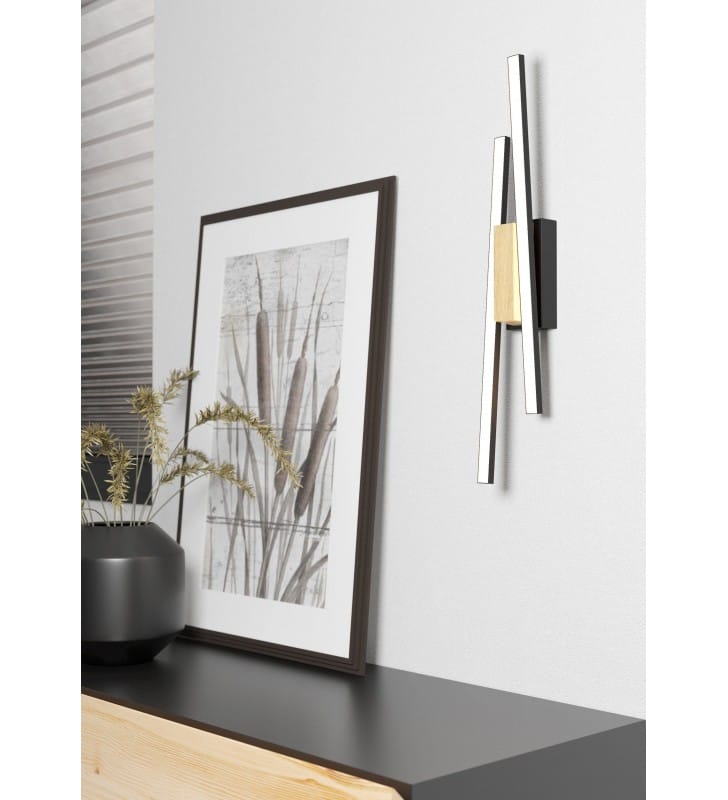 Kinkiet Panagria LED 2 czarne wąskie profile drewno do salonu sypialni kuchni ciepła barwa światła