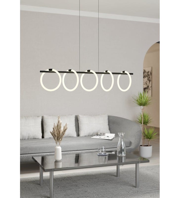 Caranacoa pozioma lampa zwis czarny profil z białymi 5 obręczami pierścieniami nad stół do salonu sypialni klosze ruchome