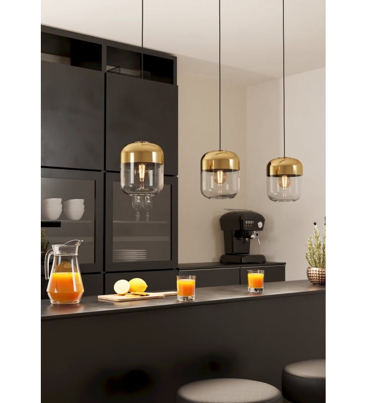 Mryvilla potrójna stylowa lampa wisząca nad stół bar wyspę klosze szklane przezroczyste ze złotym dekorem 3xE27