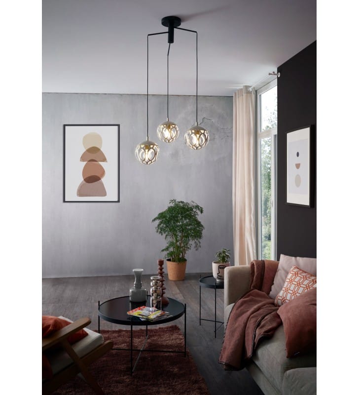 Mirtazza 3 zwisowa lampa do salonu sypialni jadalni klosze ażurowe w kolorze szampana metal