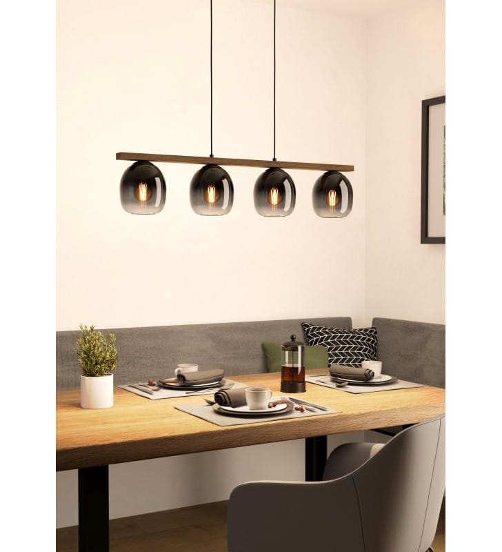 Podłużna lampa wisząca nad stół Filago drewno czarny metal 4 szklane cieniowane klosze 4xE27
