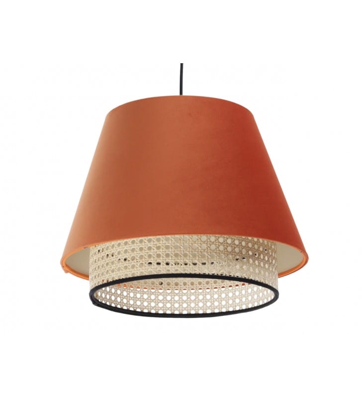 Pomarańczowa lampa wisząca Jamal materiał aksamitny z rattanem nad stół