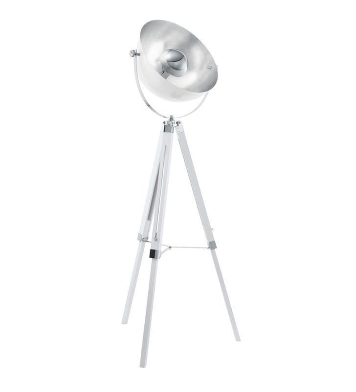 Lampa stojąca na 3 drewnianych nogach Covaleda biała jak antena ruchomy klosz