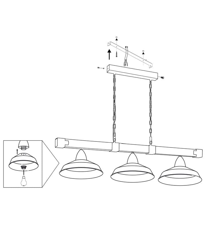 Loftowa 3 pkt lampa wisząca Oldbury drewniana poprzeczka metalowe klosze nad stół