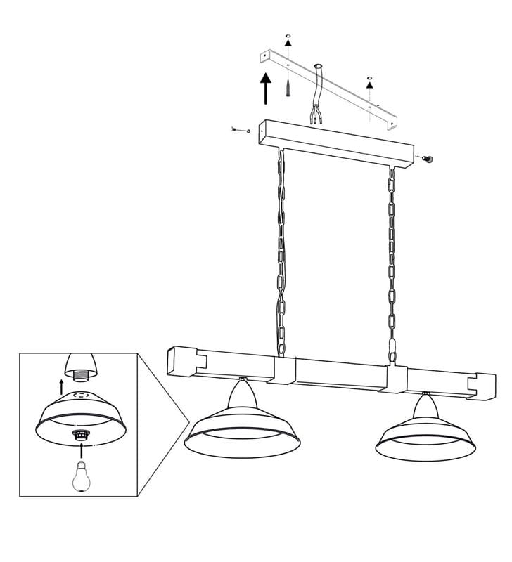 Loftowa lampa wisząca Oldbury drewniana belka 2 metalowe klosze nad stół wyspę 2xE27