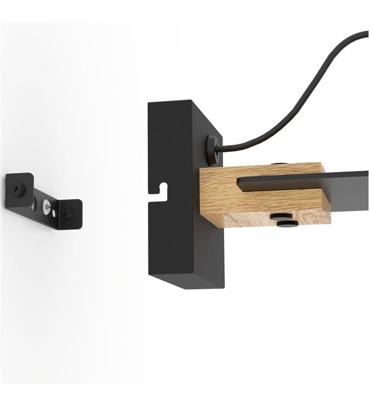 Minimalistyczny loftowy kinkiet bez klosza Bramerton czarny z drewnianym wykończeniem