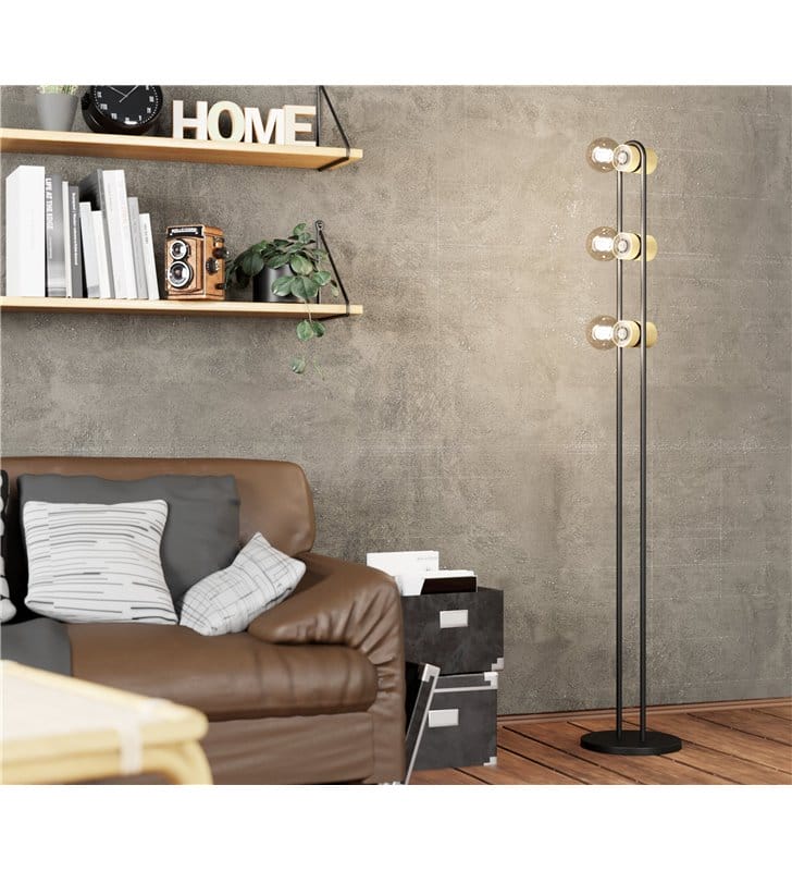 Lampa podłogowa Chieveley loftowa czarna metal z drewnem 3xE27