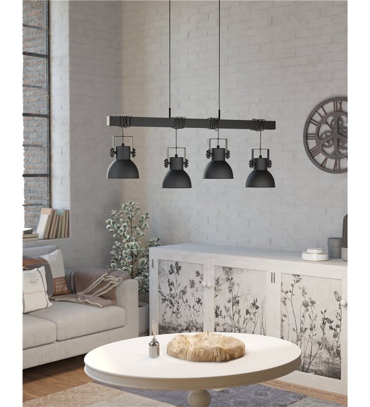 Lampa wisząca Shirebrook czarna drewniana belka 4 metalowe klosze nad stół styl industrialny