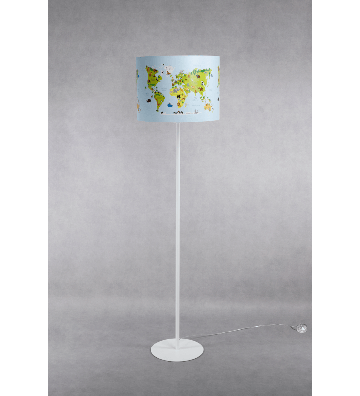 Lampa podłogowa Mapa Świata biała podstawa abażur mapa świata ze zwierzętami