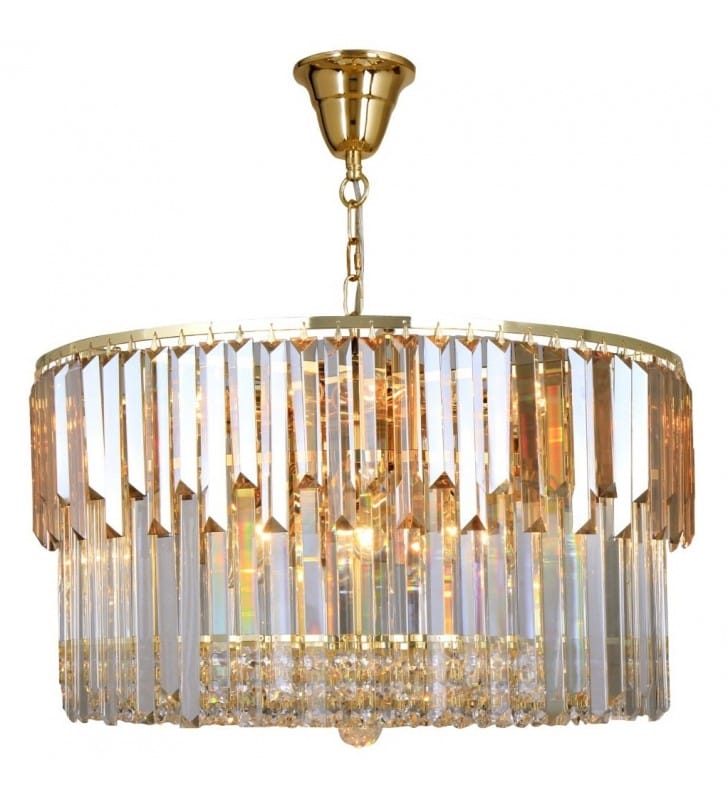 Duża szklana lampa wisząca Camille 60cm łańcuch złoto bezbarwne i dymione szkło do salonu