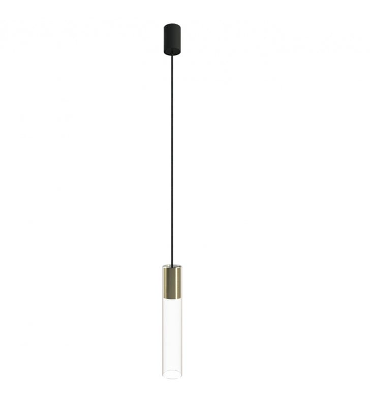 Nowoczesna minimalistyczna lampa wisząca Cylinder mosiądz czerń szklany przezroczysty klosz