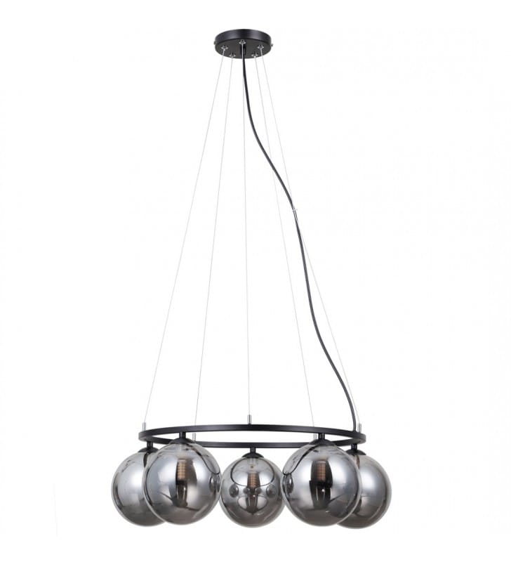 Lampa wisząca Molite czarna obręcz ze szklanymi kulami nad stół w jadalni